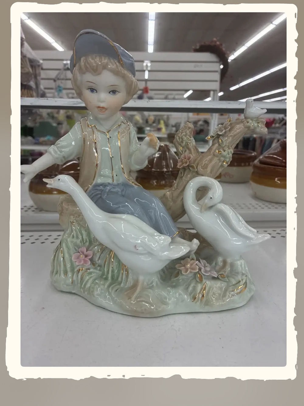 Porcelain Boy Figurine with Geese - Pastel White and Blue Home Art
